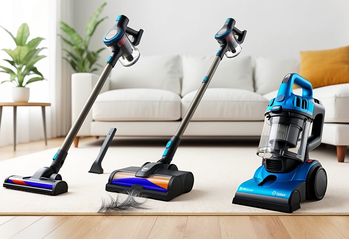 A cordless vacuum cleaner with various attachments and accessories, specifically designed for pet hair removal, sits ready for use in a tidy living room