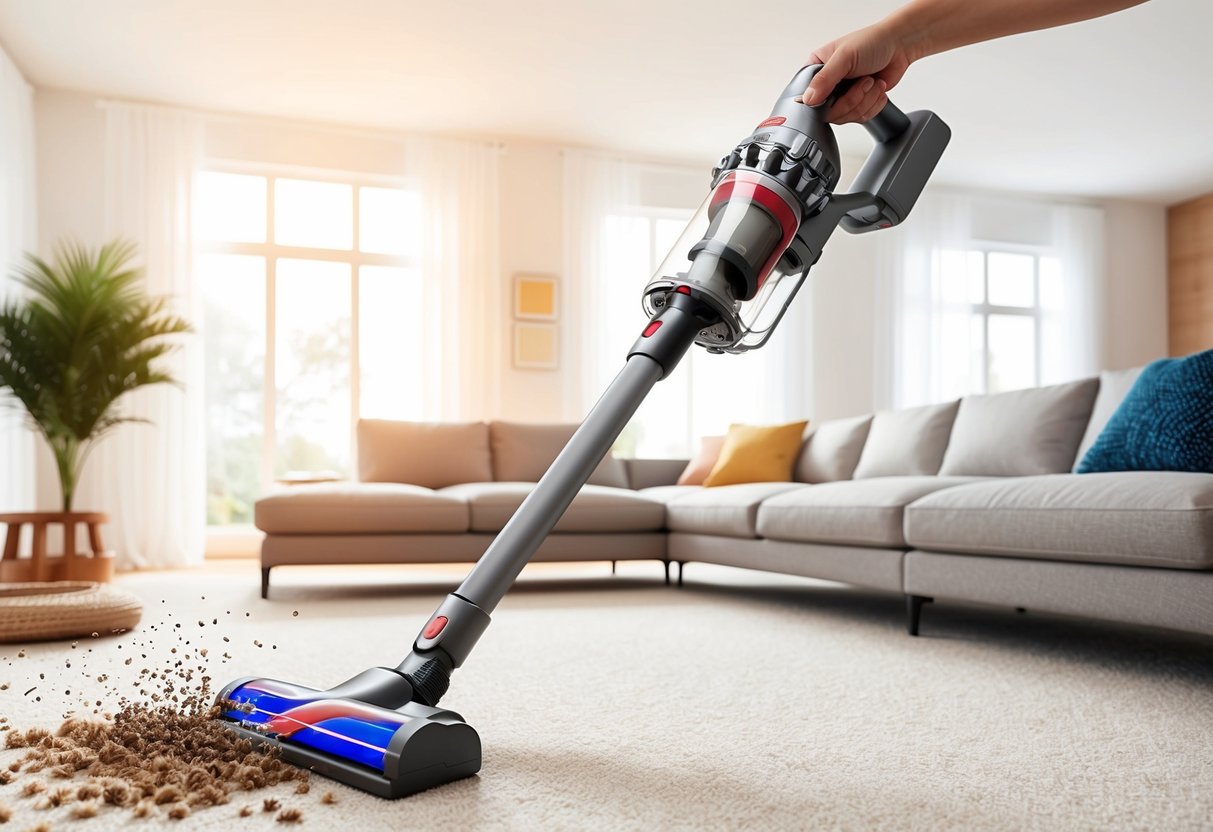 A brightly lit living room with a cordless vacuum cleaner in action, capturing pet hair and allergens from the carpet