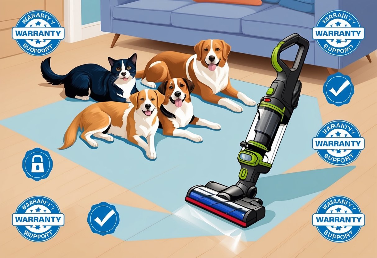 A family of pets lounging on a clean, allergen-free floor while a cordless vacuum cleaner stands nearby, surrounded by symbols of warranty and manufacturer support