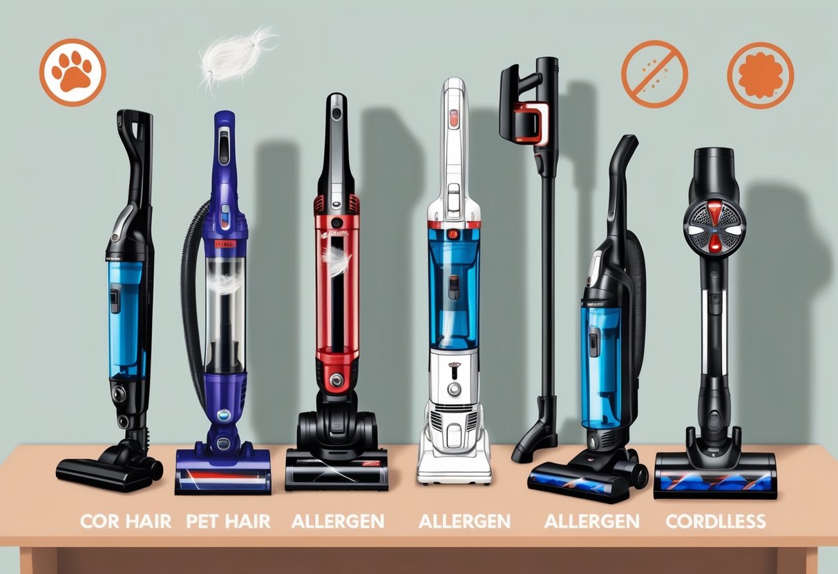 A variety of cordless vacuum cleaners, with pet hair and allergen symbols, displayed on a top-rated product shelf