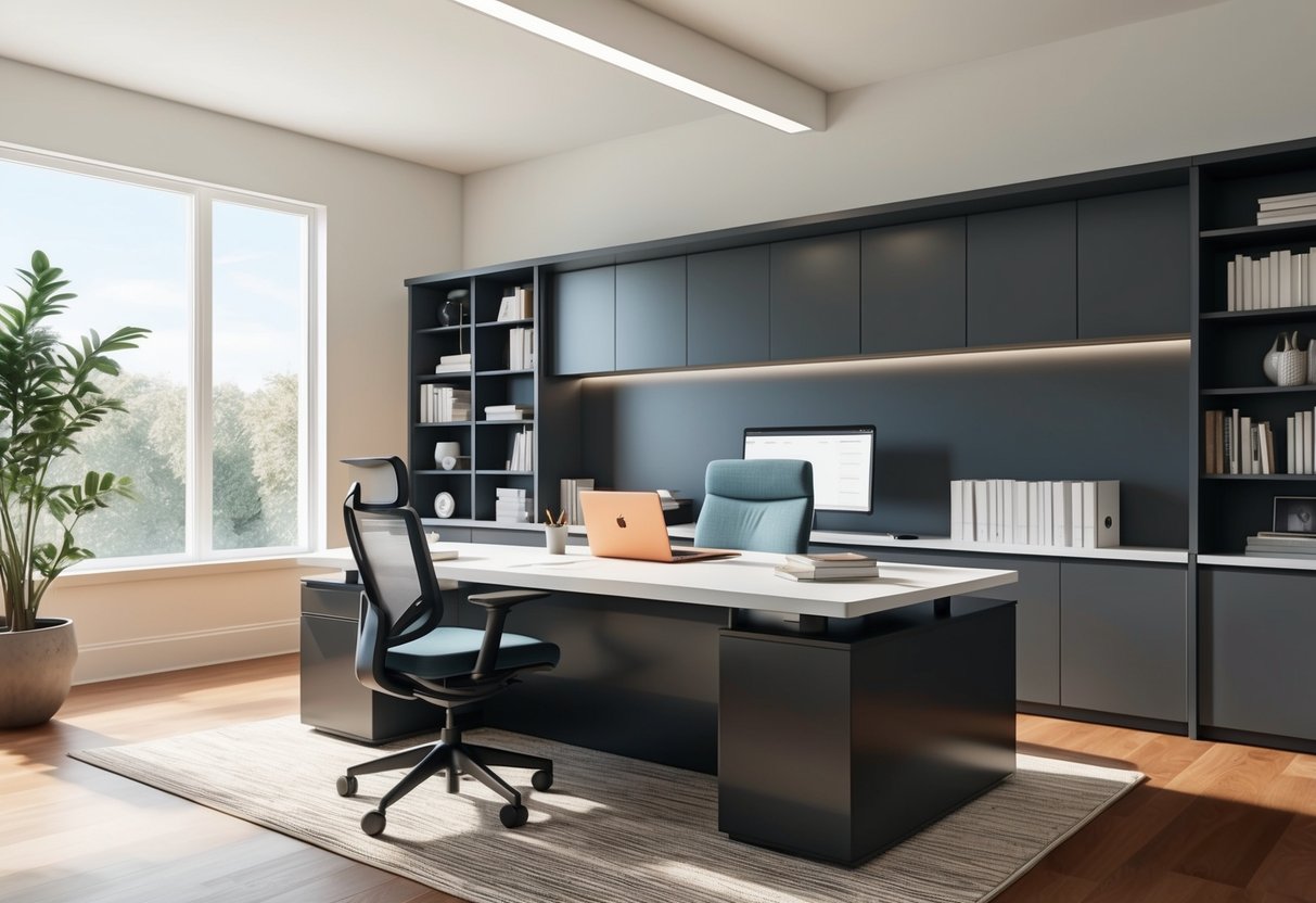A sleek, organized home office with a large desk, ergonomic chair, bookshelves, and plenty of natural light