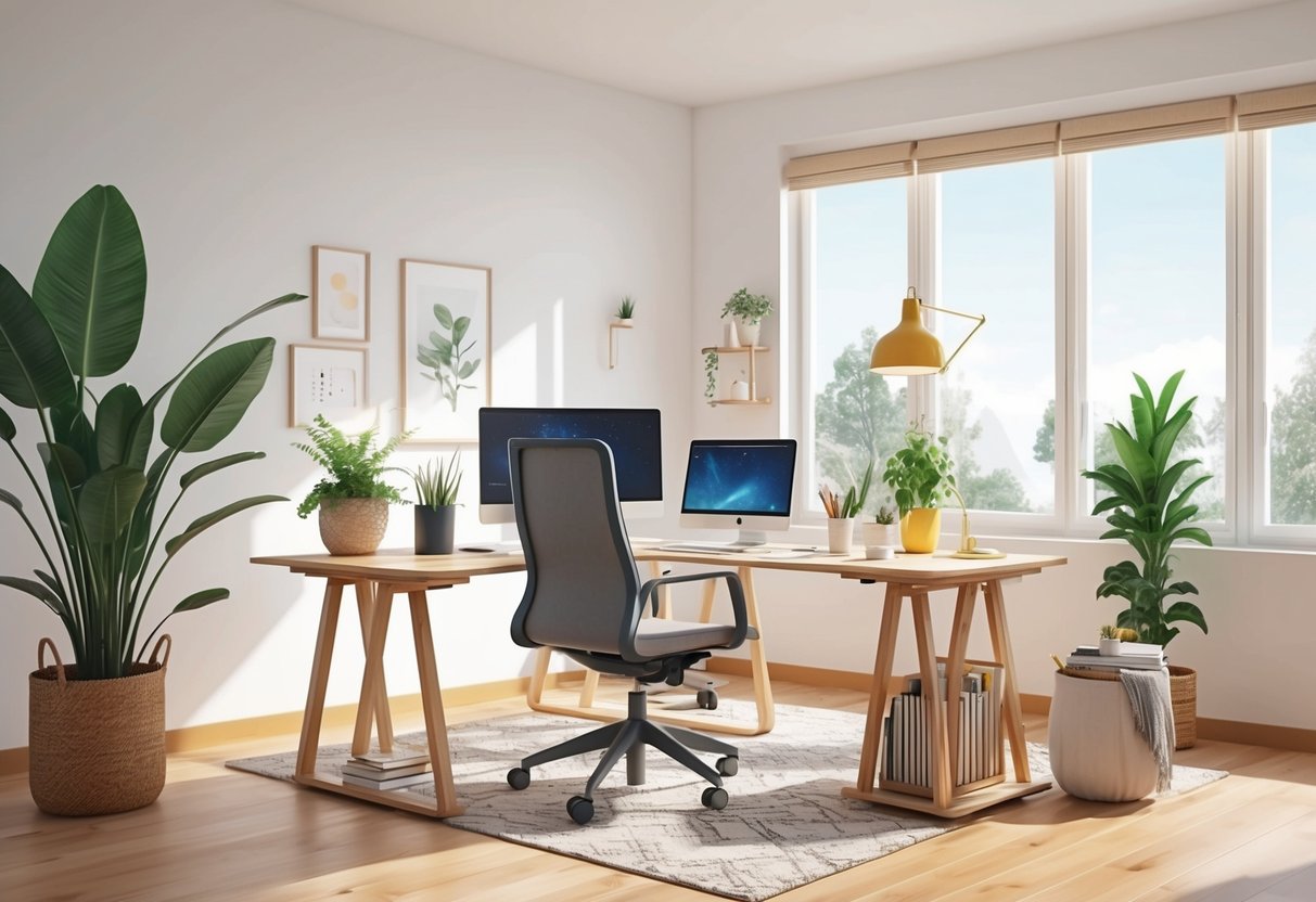 A bright, organized home office with ergonomic furniture, plants, and natural light for a focused and productive workspace