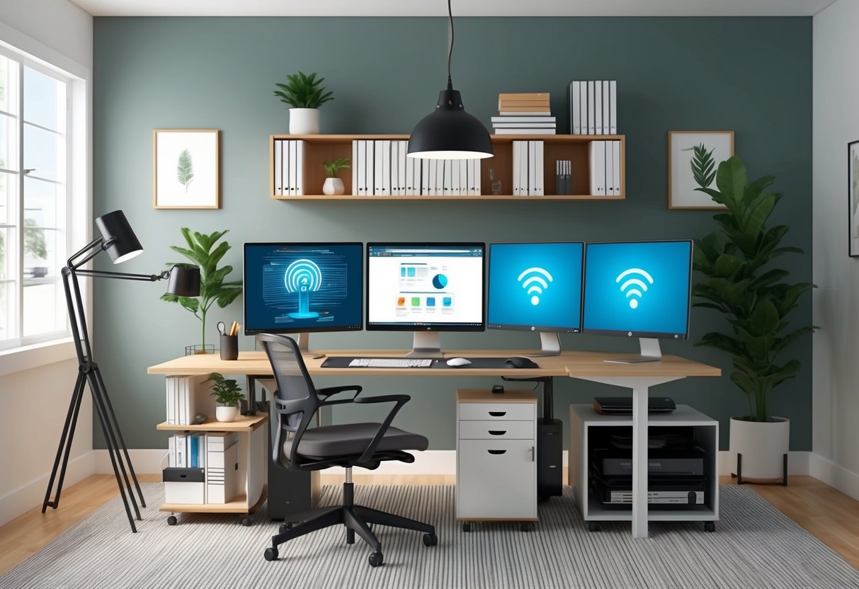 A modern home office with high-speed internet, multiple monitors, ergonomic furniture, and organized storage for a focused and productive workspace