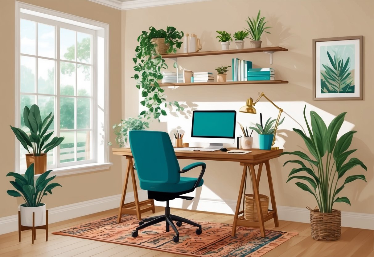 A cozy home office with natural light, a clutter-free desk, ergonomic chair, and plants for a calm and focused work environment