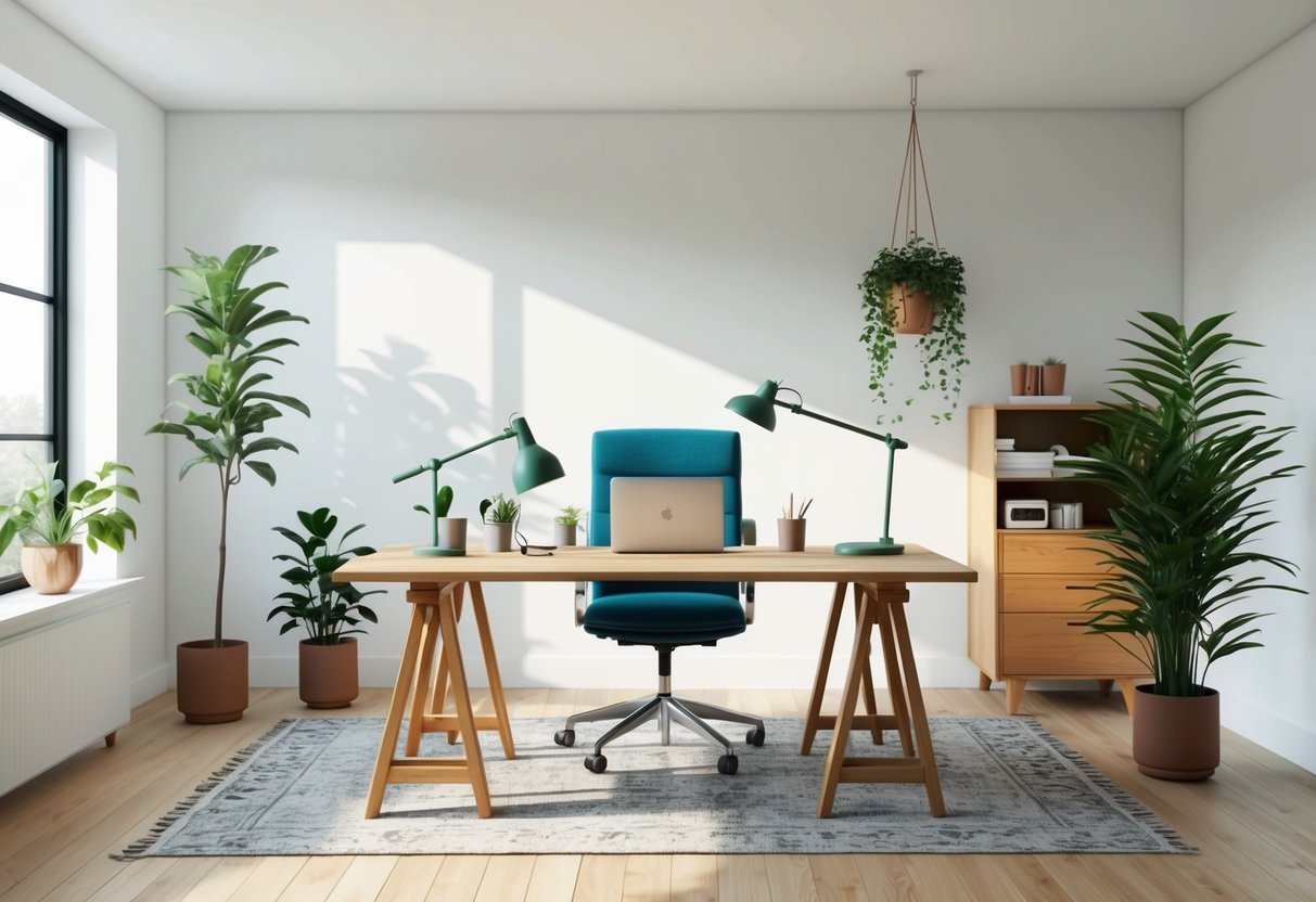 A bright, minimalist home office with energy-efficient lighting, recycled furniture, and indoor plants creating a focused and productive workspace