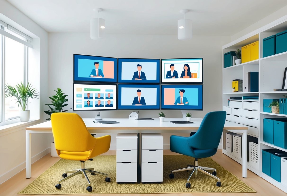 A bright and modern home office with a large desk, comfortable seating, and multiple screens for virtual meetings. A collaborative whiteboard and organized storage complete the space
