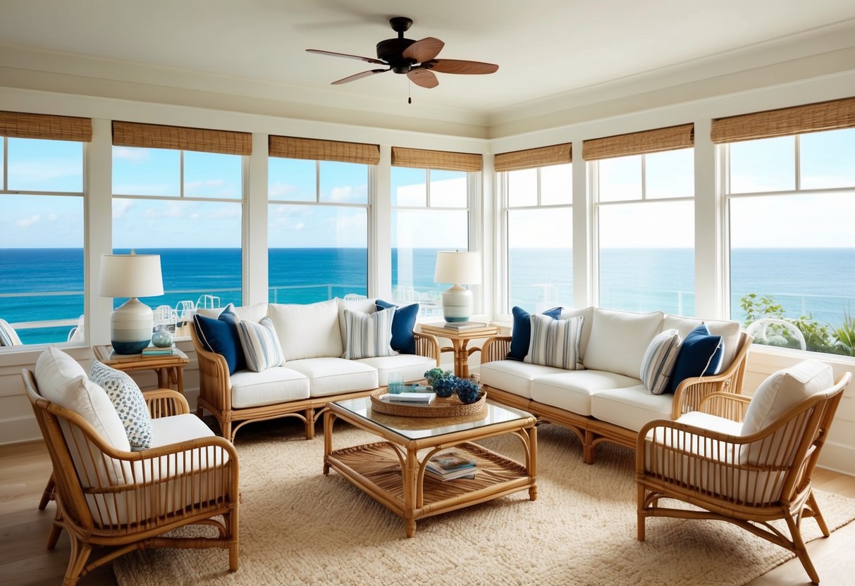 A cozy living room with light, airy decor, rattan furniture, and nautical accents. Large windows offer a view of the ocean