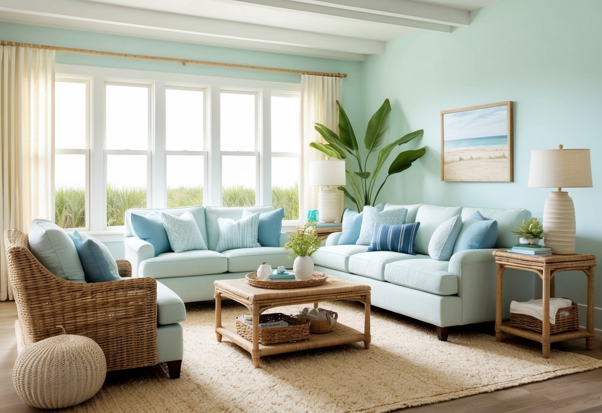A cozy living room with light, airy colors, natural textures, and beach-inspired decor. Large windows let in plenty of natural light, and the room is furnished with comfortable, casual seating