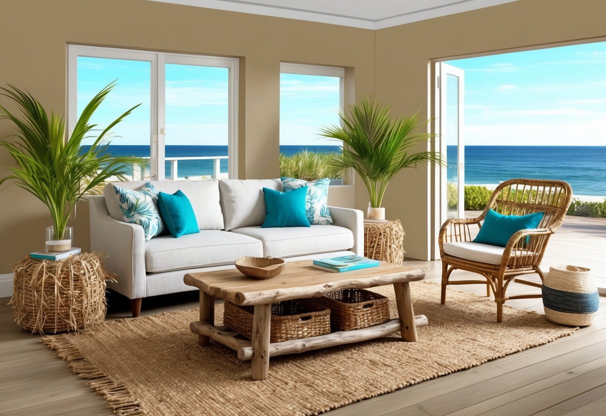 A cozy living room with a jute rug, driftwood coffee table, seagrass baskets, and a rattan armchair overlooking the ocean