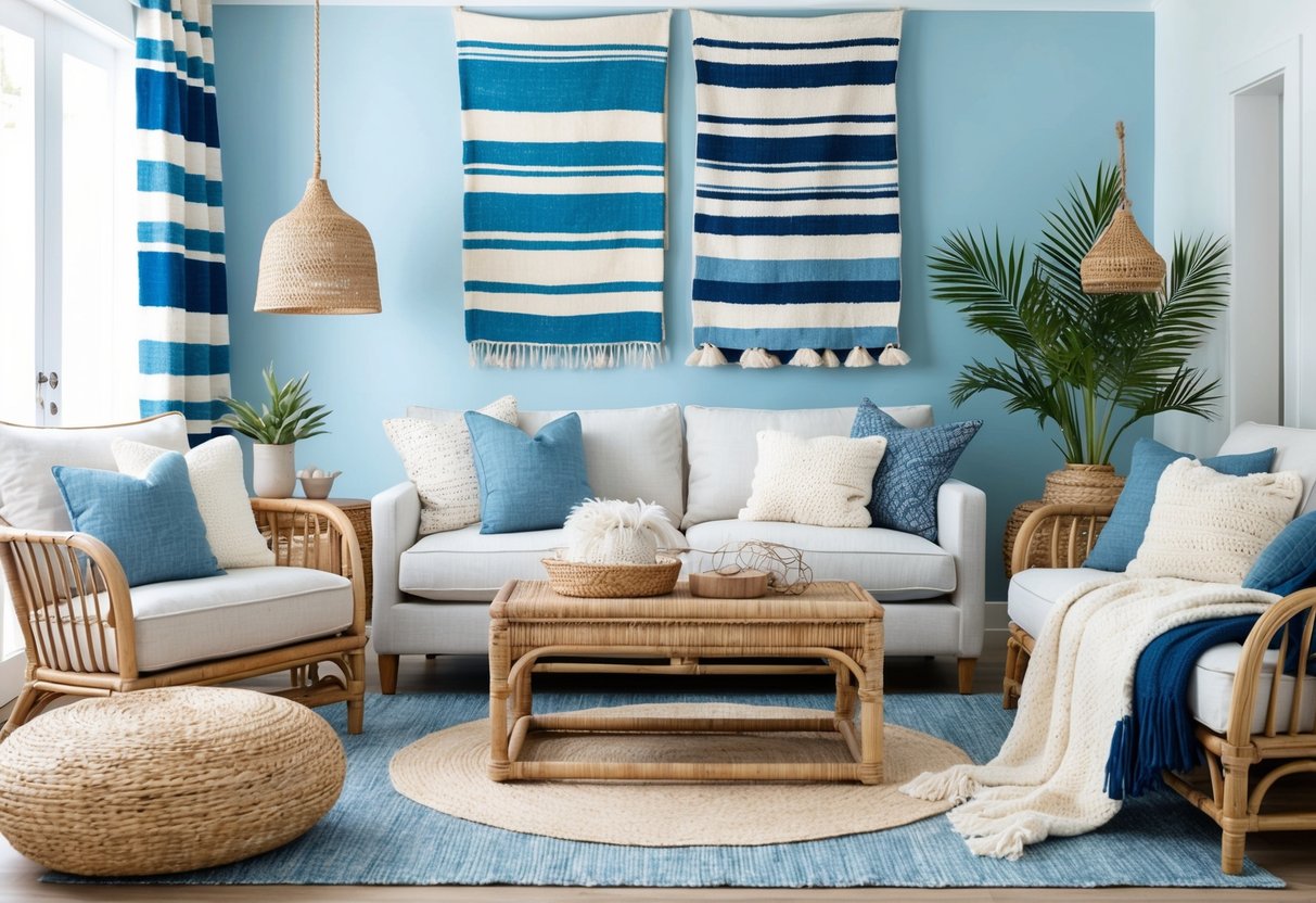 A cozy living room with layered textiles, including soft throw blankets and plush cushions, in a coastal color palette of blues and whites, with natural textures like jute and rattan furniture