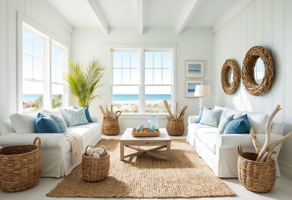A sunlit coastal living room with a jute rug, seagrass baskets, and driftwood decor. White walls and large windows create a relaxed, beach-inspired atmosphere