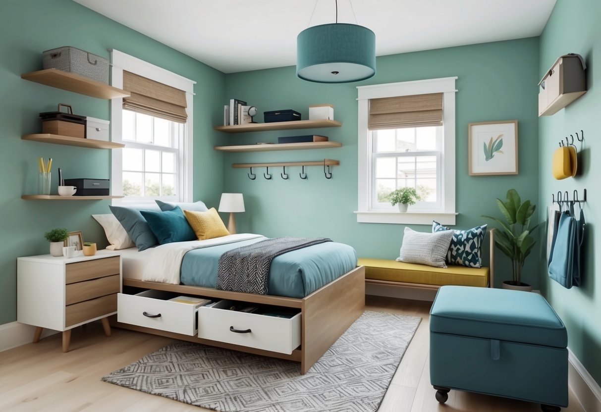 A small home with clever storage solutions: under-bed drawers, floating shelves, and multi-functional furniture like a storage ottoman and wall-mounted hooks