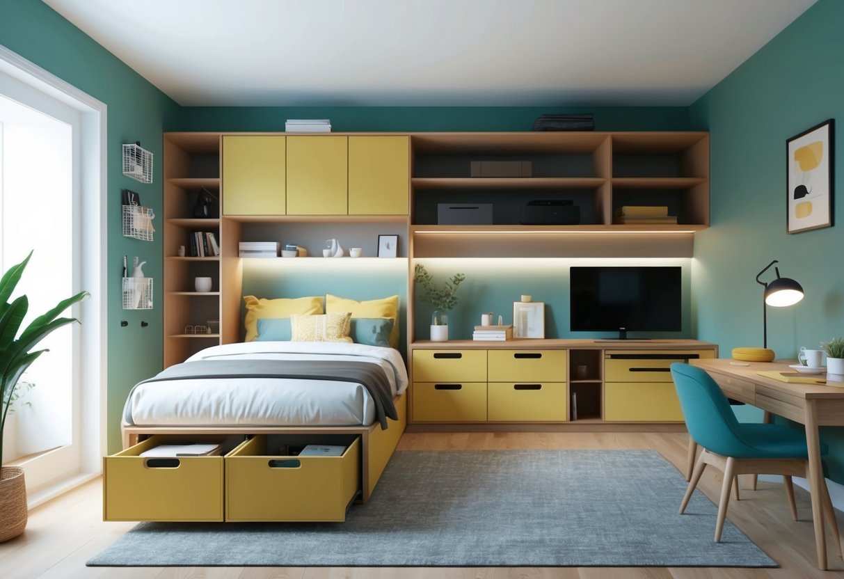 A small home with clever hidden storage solutions, such as under-bed drawers, built-in shelves, and multi-functional furniture