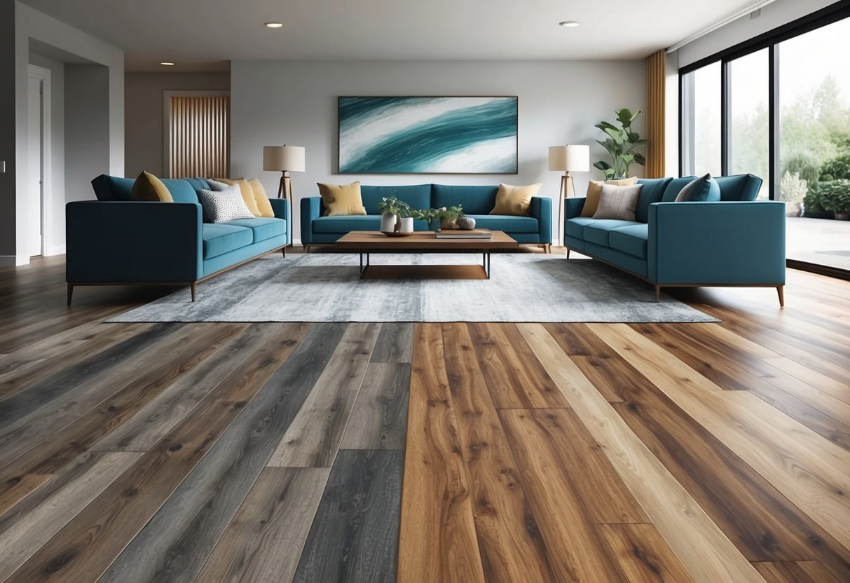 A modern living room with luxury vinyl plank and hardwood flooring side by side, showcasing their different textures and colors under natural light