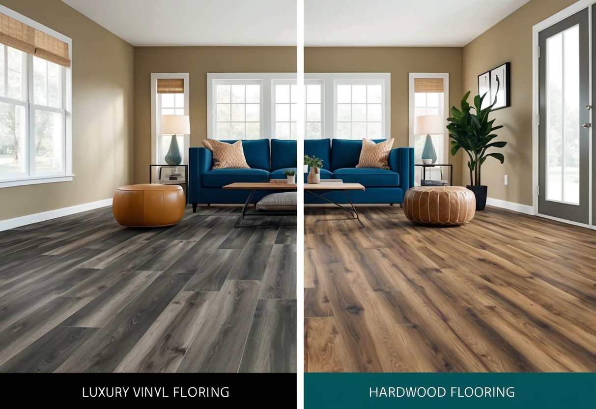 A living room with luxury vinyl plank flooring on one side and hardwood flooring on the other, showcasing the different textures and colors of each option