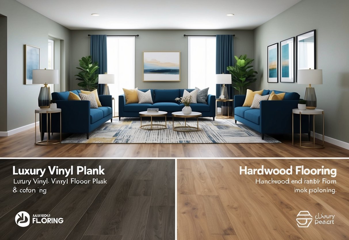 A modern living room with luxury vinyl plank and hardwood flooring options laid out in a stylish and inviting manner, showcasing the aesthetic appeal and design flexibility of both materials