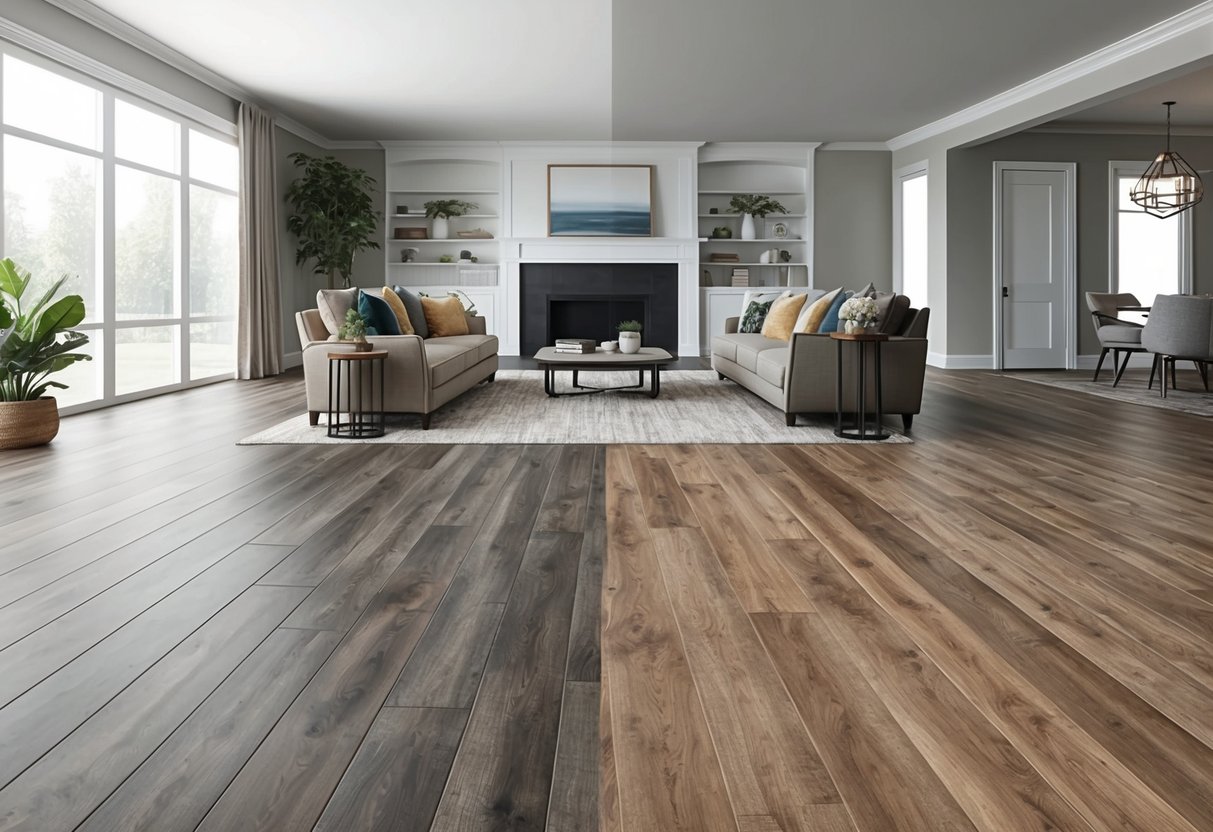 A spacious living room with luxury vinyl plank and hardwood flooring side by side, showcasing their different textures and finishes under natural light