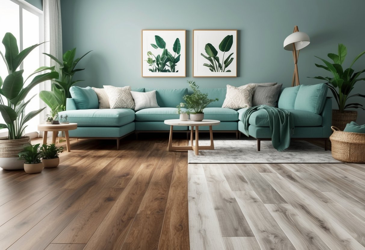 A modern living room with luxury vinyl plank and hardwood flooring side by side, surrounded by eco-friendly decor and plants