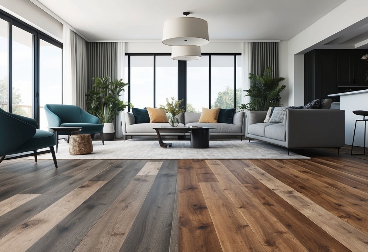 A modern living room with luxury vinyl plank and hardwood flooring side by side, showcasing their different textures and colors