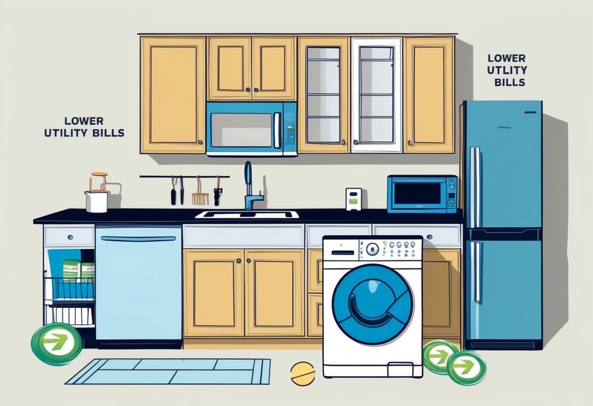 A modern kitchen with energy-efficient appliances, including a refrigerator, dishwasher, and washing machine, surrounded by lower utility bills