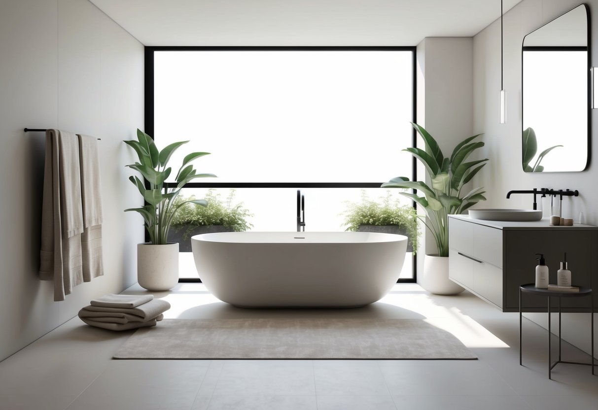 A sleek, minimalist bathroom with natural light, a freestanding tub, and modern fixtures. Soft, neutral colors, plants, and plush towels create a tranquil, spa-like atmosphere