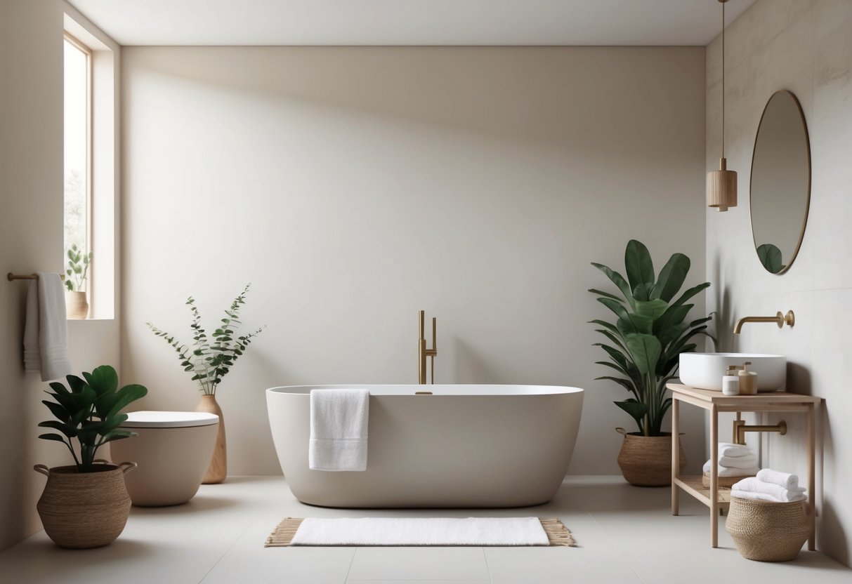 A serene bathroom with soft, neutral colors, natural materials, and minimal decor. A freestanding tub, fluffy towels, and potted greenery add to the spa-like ambiance