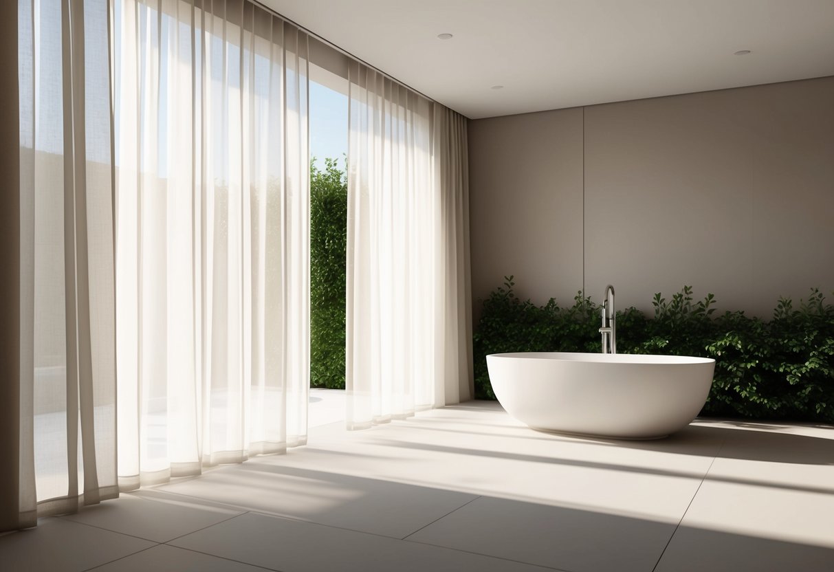 Soft, natural light filters through sheer curtains into a spacious, minimalist bathroom. A freestanding tub sits against a backdrop of neutral tones and lush greenery, creating a serene, spa-like atmosphere