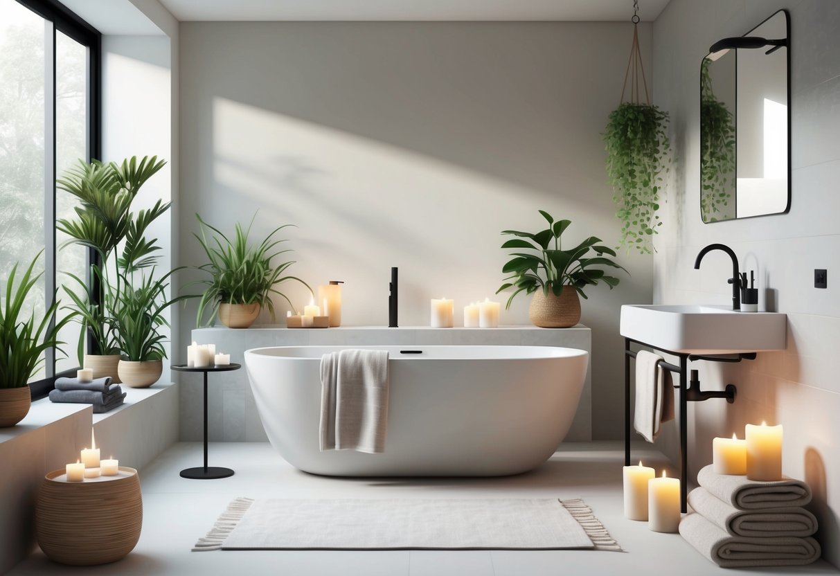 A serene spa bathroom with modern decor: clean lines, natural light, plants, and soft, neutral colors. A freestanding tub, fluffy towels, and soothing candles complete the tranquil retreat