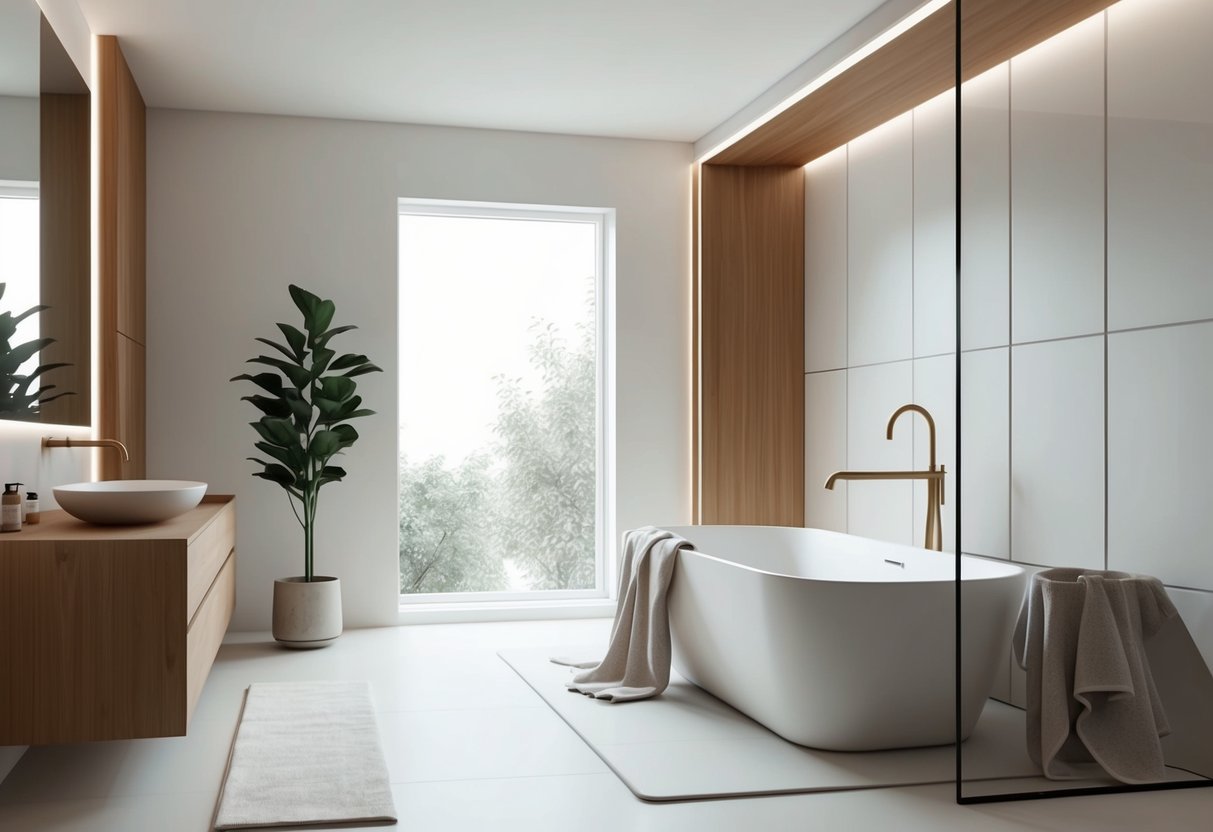 A sleek, minimalist bathroom with clean lines, warm wood accents, and soft, neutral tones. A freestanding tub sits beside a large window, allowing natural light to filter in. A potted plant and fluffy towels add a touch of nature and luxury