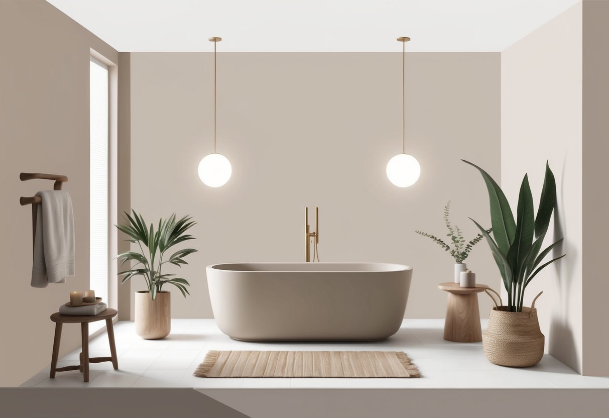 A serene bathroom with soft, neutral colors, natural materials, and minimalist decor. A freestanding tub, plants, and soft lighting create a tranquil, modern retreat