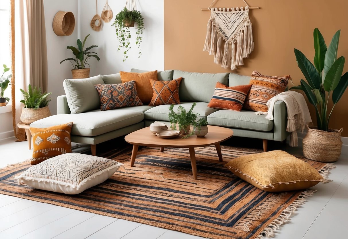 A cozy living room with earthy tones, layered rugs, floor cushions, and a mix of eclectic patterns in textiles and wall decor. A low wooden table with plants and natural elements completes the boho chic style
