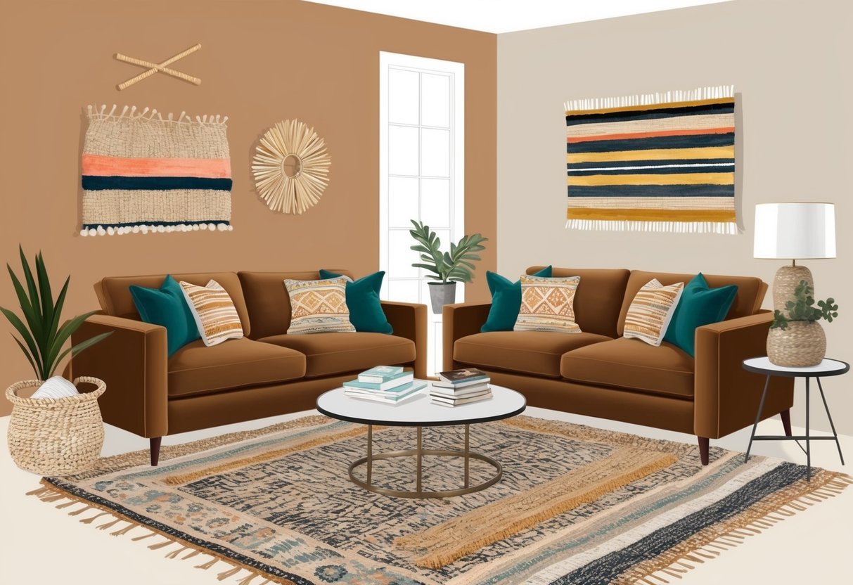 A cozy living room with earthy tones, layered textures, and pops of vibrant colors in the form of throw pillows, rugs, and wall art