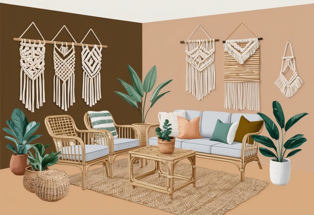 A cozy living room with earthy tones, rattan furniture, and potted plants. Macrame wall hangings and woven textiles add texture, while a mix of natural materials creates a relaxed boho chic atmosphere