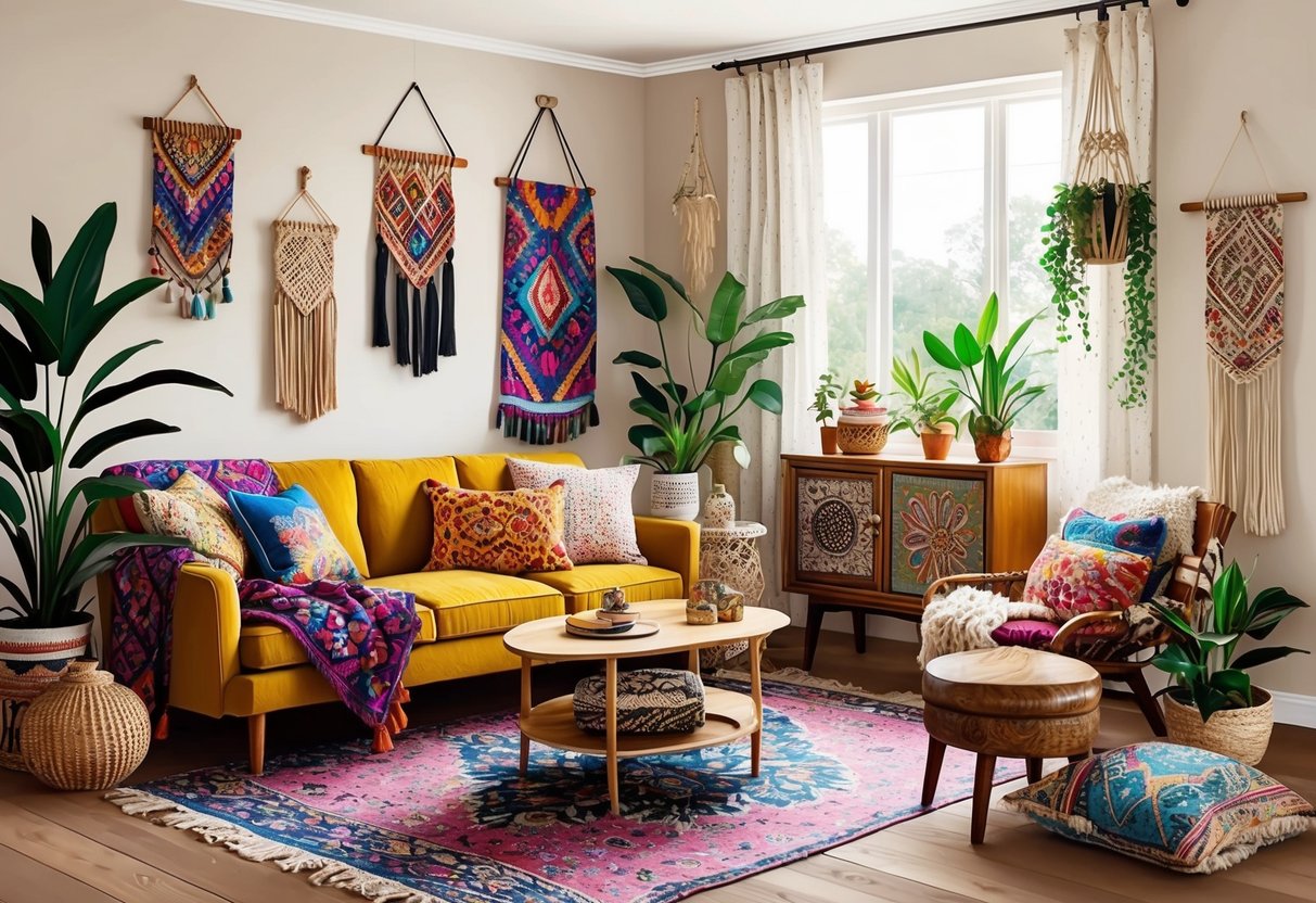 A cozy living room with a mix of colorful, patterned textiles, eclectic furniture, and vintage decor. Plants, macrame, and handmade crafts add a bohemian touch