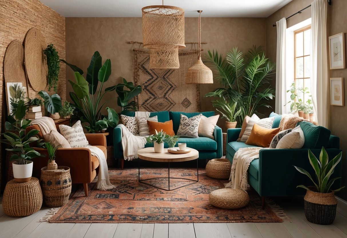 A cozy living room with a mix of eclectic patterns, earthy tones, and natural textures. A variety of plants, vintage rugs, and layered textiles add warmth and character to the space
