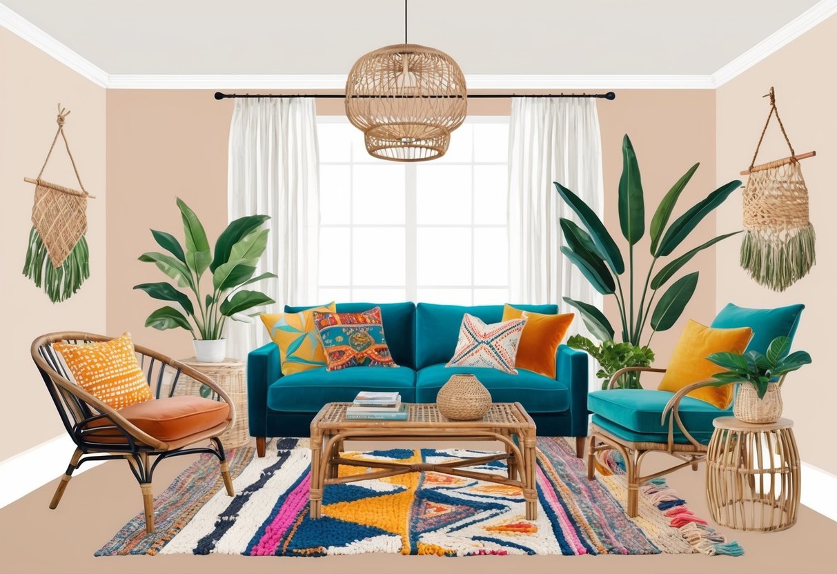 A cozy living room with eclectic furniture, colorful textiles, and natural elements like plants and rattan decor. Warm, inviting, and effortlessly bohemian