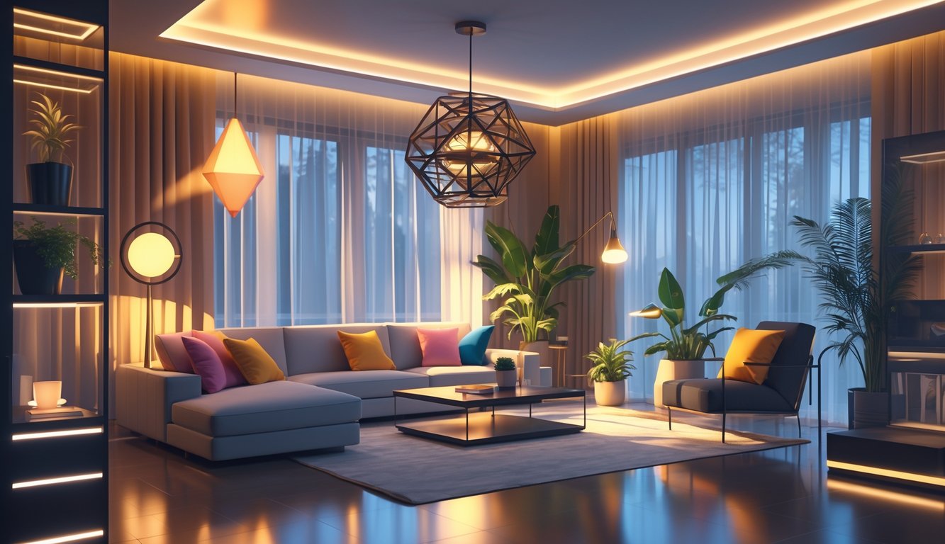 A modern living room with various unique lighting fixtures including a geometric pendant light, sculptural floor lamp, and hidden LED strips, combined with natural light from large windows illuminating the space.