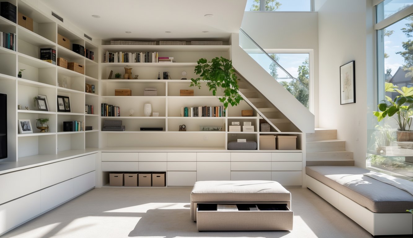 A modern living room with built-in shelves, under-stair storage, and a reading nook, all neatly organized to maximize space.