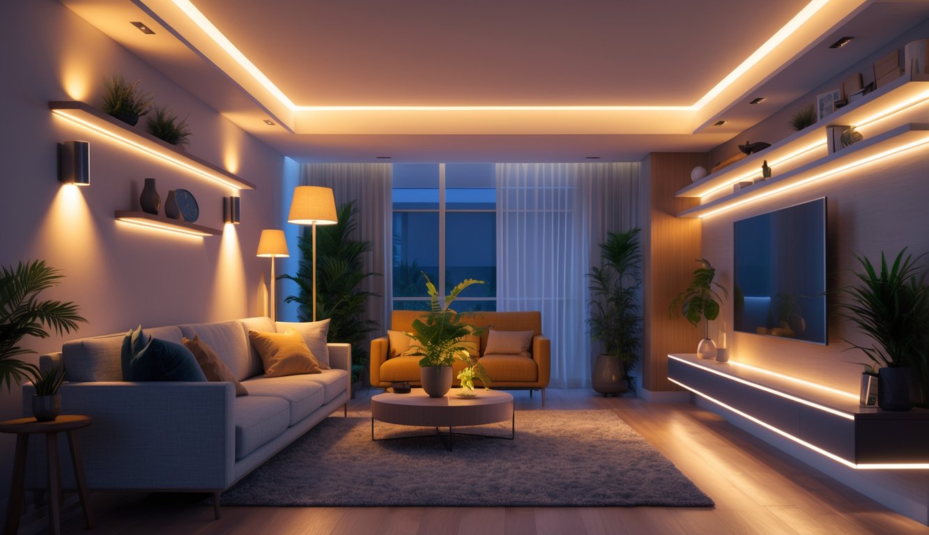 A modern living room with multiple light sources creating depth and highlighting textures throughout the space.