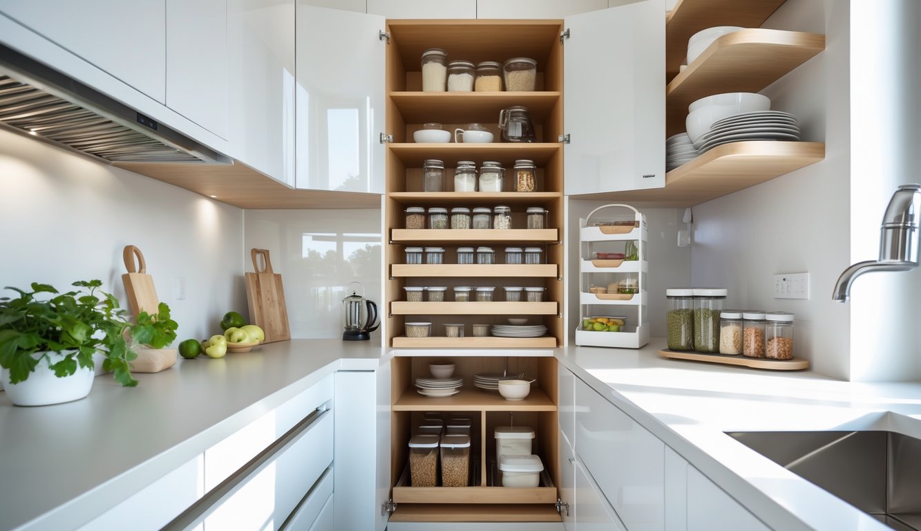 A modern kitchen with smart storage solutions including pull-out shelves and corner organizers filled with kitchen items.