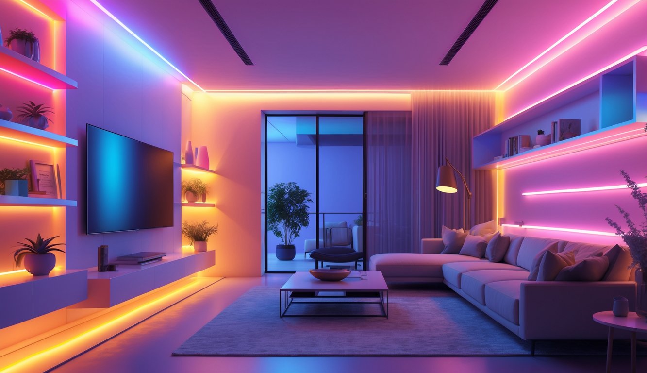 A modern living room lit by colorful LED strip lights and smart bulbs creating a vibrant and refreshing atmosphere.