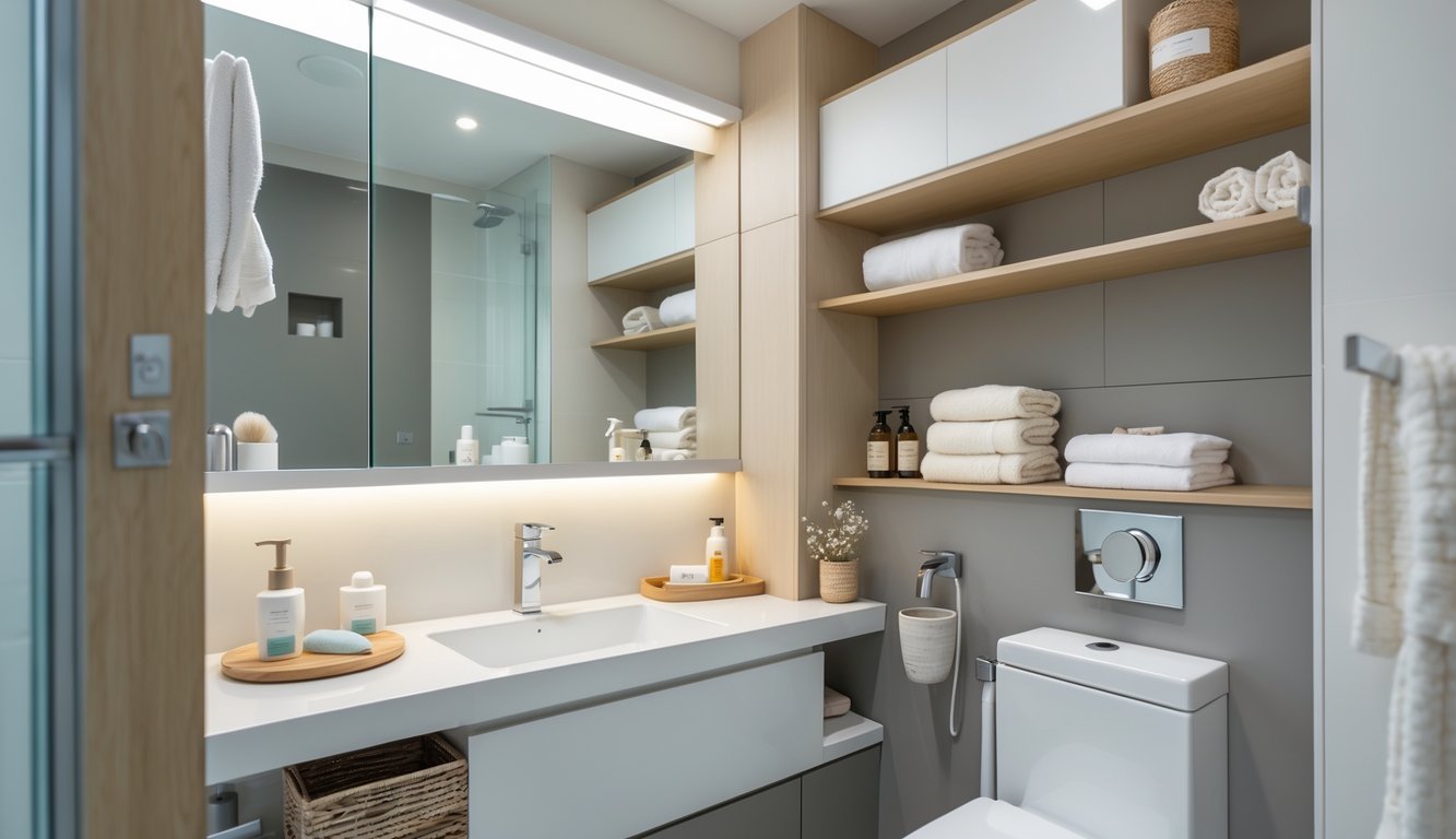 Compact bathroom with smart storage solutions including shelves, cabinets, and organized toiletries.