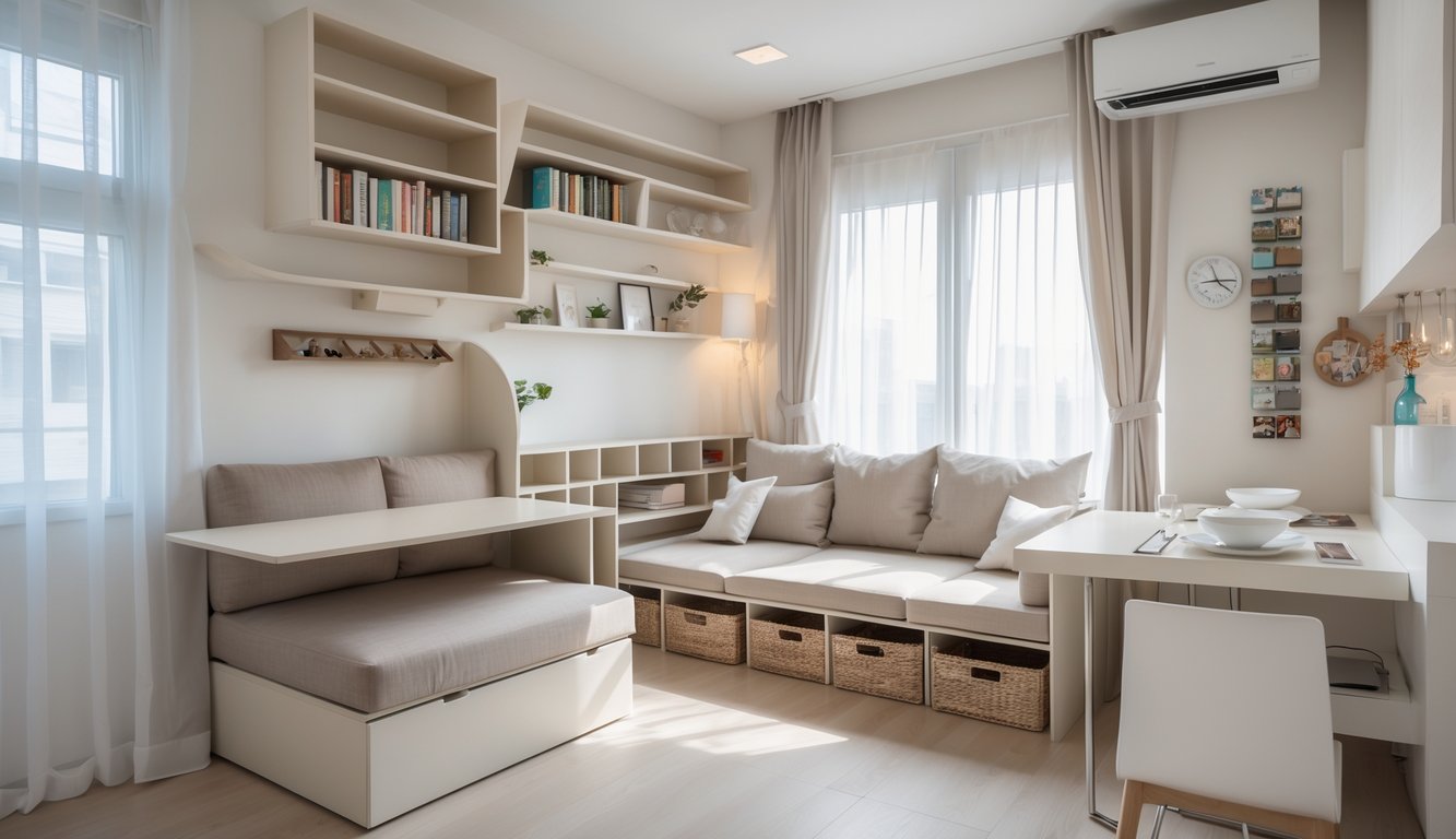 A small apartment interior with smart storage solutions, including wall shelves, multifunctional furniture, and organized kitchen storage.