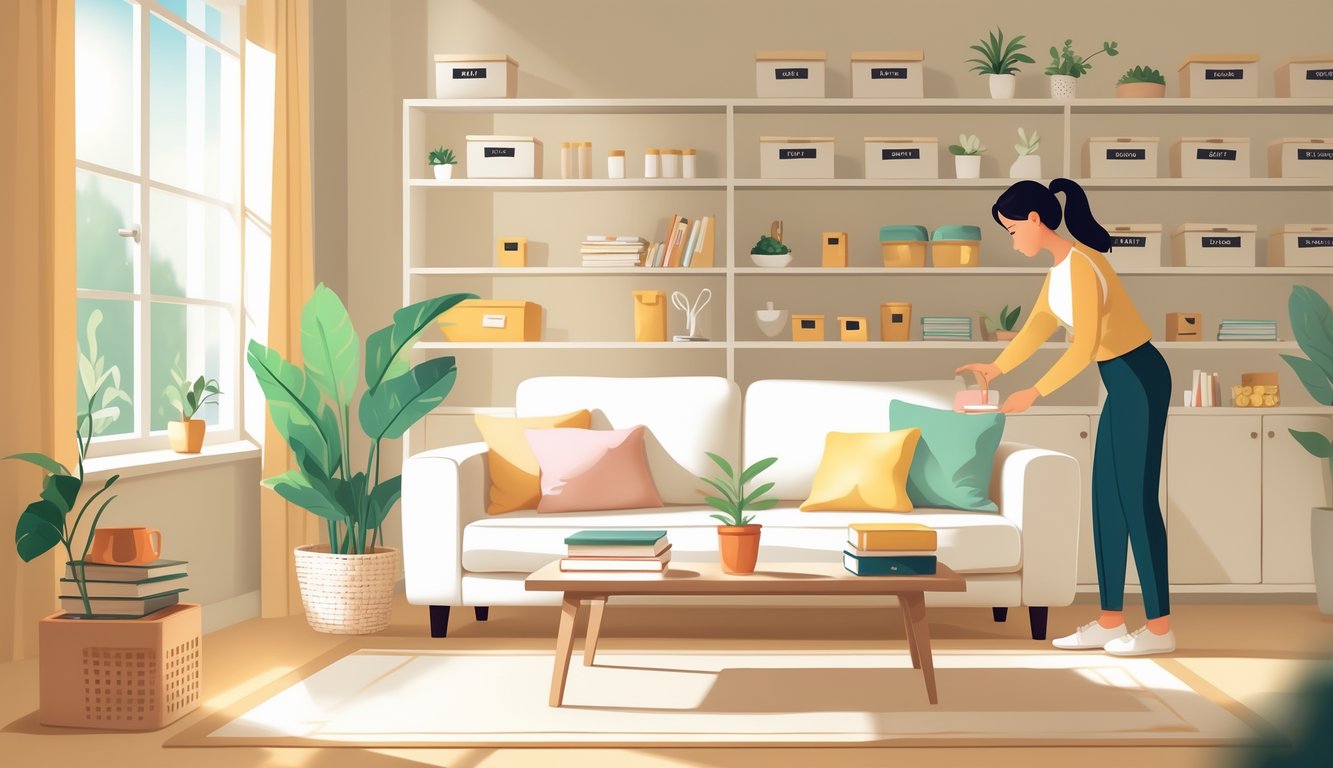 A tidy living room with organized shelves, a neat sofa, and a person placing an item into a storage basket.