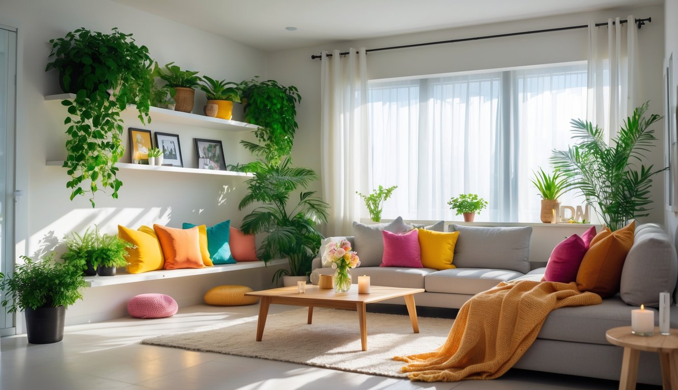 A bright living room with plants, colorful pillows, a vase of flowers, and sunlight coming through large windows.