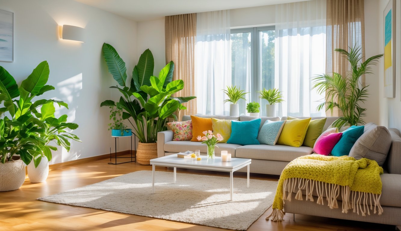 A bright living room with plants, colorful pillows, and sunlight coming through large windows.