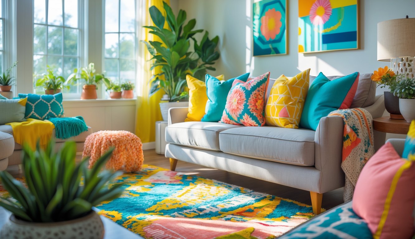 A bright living room with colorful patterned pillows, plants, and sunlight streaming through windows.