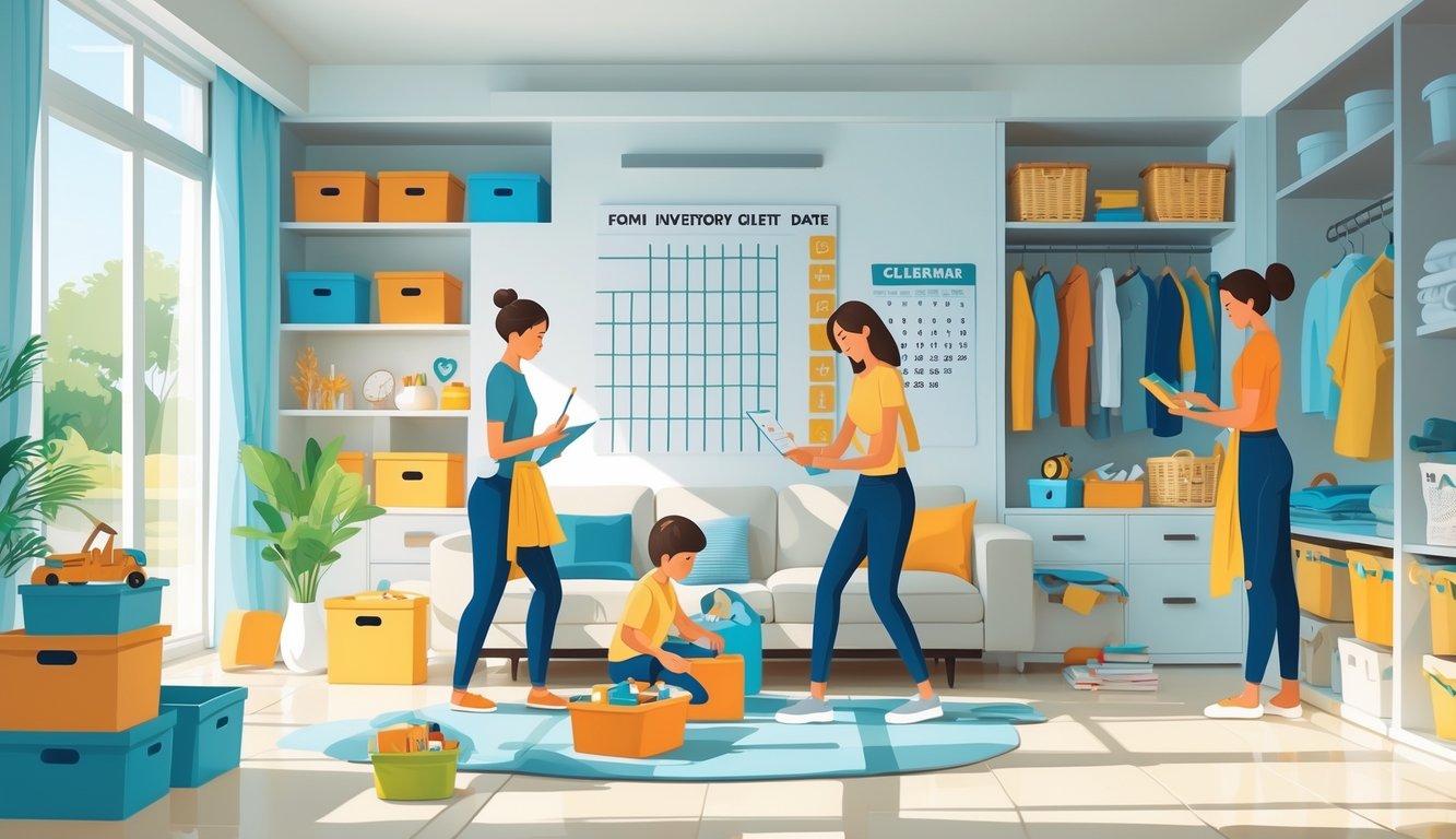 A family tidying and organizing a bright, clutter-free living room with shelves, storage boxes, and a calendar marking inventory checks.