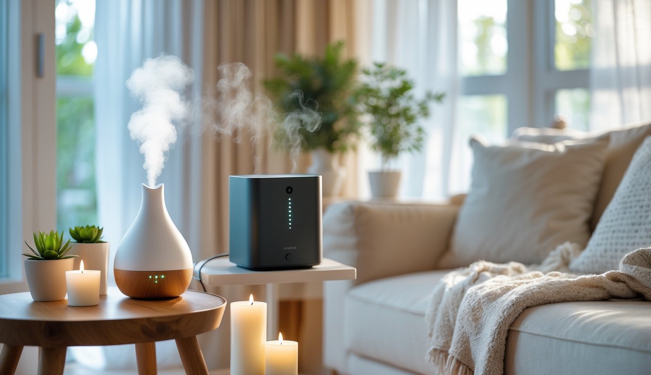A cozy living room with a diffuser emitting mist, indoor plants, candles, and a wireless speaker on a shelf, bathed in natural light.
