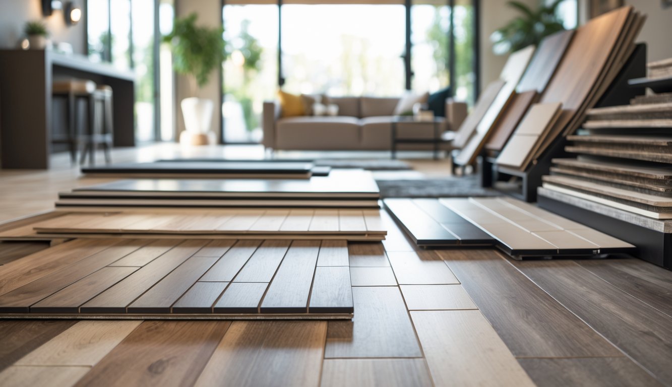 A modern home interior displaying various flooring samples including hardwood, tiles, and vinyl in a bright showroom setting.